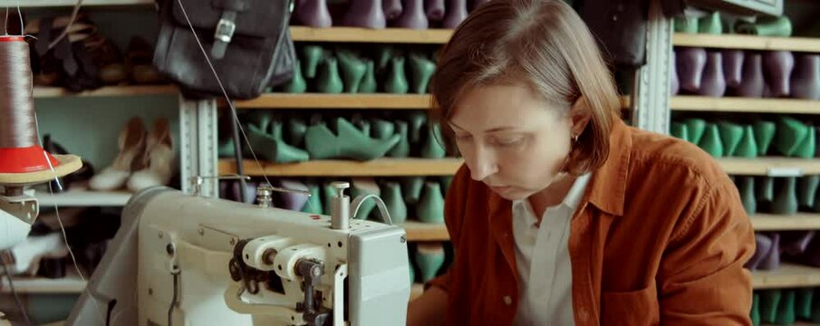 Caucasian woman using sewing machine while working at desk in shoemaker workshop