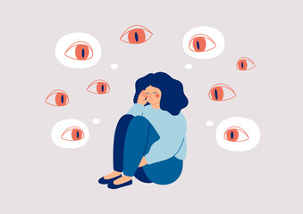 Sad woman surrounded by giant eyes feeling overwhelmed and helpless. Depressed girl suffers from phobias and fears. The psychological concept of mental disorder and paranoia. Vector illustration - 469516572