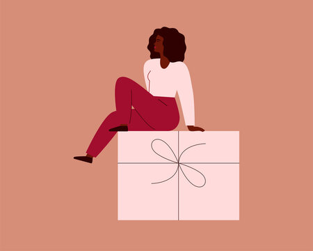 Woman sits on the big gift. Festive concept for Christmas or Women's day with African American female and celebration box with ribbon. vector illustration