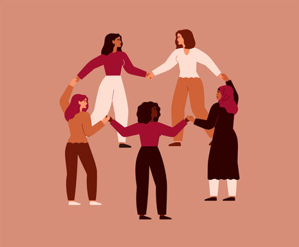 Five women stand in a circle and hold hands together. Strong females hold on to each other. Concept of girl power and empowerment feminist community or friends support. Vector illustration