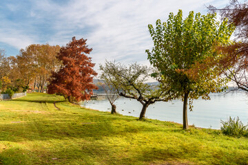 Fototapeta premium Autumn landscape of Lake Varese with Lakeside promenade in Gavirate, province of Varese, Italy.