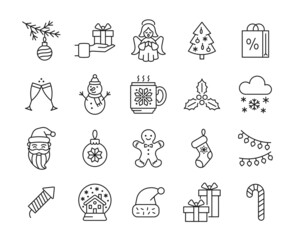 Merry Christmas flat line icon vector set. Winter collection with Santa Claus, knitted cup, gift, snowman, petard, angel, garland. Editable stroke.