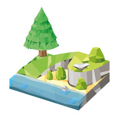 Isometric island with tree and bushes. Flying island. Island in low-poly style.
