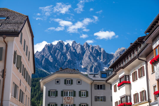 San Candido (Innichen) view with Baranci mountain in the Dolomites, South Tyrol, Italy