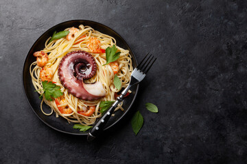 Seafood pasta with octopus and shrimps