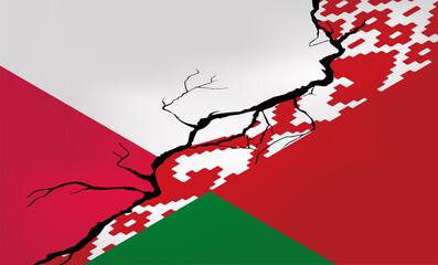 Border crisis of Poland and Belarus due to refugees going to the European Union. Flags of countries are separated by a crack. A new kind of conflict. The concept of a poster for an article. 