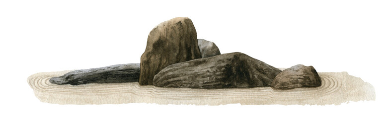 Japanese rock garden hand drawn in watercolor isolated on a white background. Watercolor illustration.