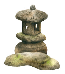 Ancient japanese stone lantern for the garden hand drawn in watercolor isolated on a white background. Watercolor illustration. 