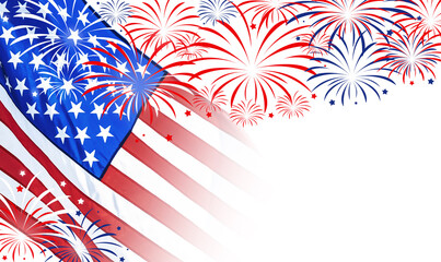 4th of july - Independence Day of USA. American national flag and fireworks on white background, space for design
