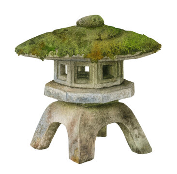 Moss-covered japanese stone lantern for the garden hand drawn in watercolor isolated on a white background. Watercolor illustration. Landscape design element.