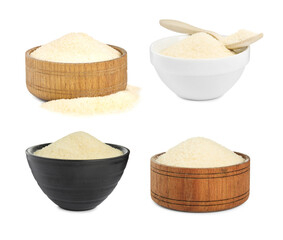 Gelatin powder in bowls on white background, collage
