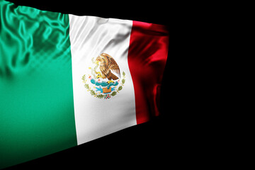 3D illustration of the national flag of Mexico on a metal flagpole fluttering against the black isolated background. Country symbol.