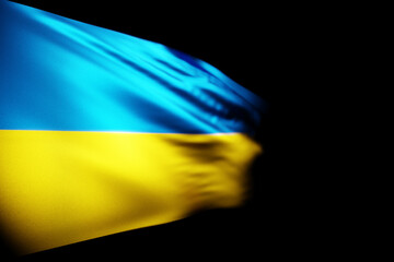 3D illustration of the national flag of Ukraine. on a metal flagpole fluttering against the black isolated background. Country symbol.