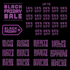 Black Friday sale tags icon set. Pink-purple neon light. For sales promotion, social media post, web banners. 