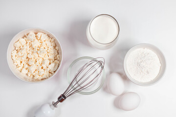 Baking background. Flour and various ingredients for dough.