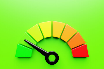 3d illustration of a bright instrument panel depicting values from normal to critical values in different colors on a green  background