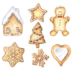 Watercolor christmas set with gingerbread, home, tree, heart, snowflake, gingerbread man, star, isolated on white