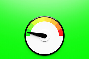 3d illustration of a bright instrument panel depicting values from normal to critical values in different colors on a green background