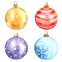 Watercolor set of Christmas tree balls isolated on white