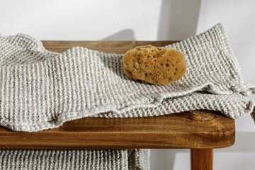 Organic waffle linen towel and natural sea sponge. Daily body care, spa and wellness zero waste...