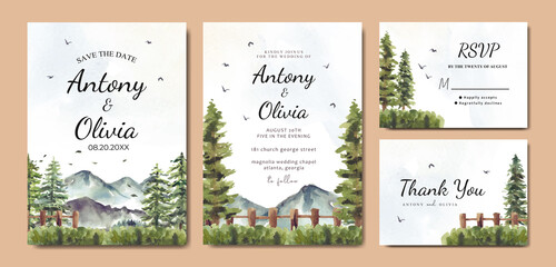 Fototapeta na wymiar Watercolor wedding invitation set of mountain and pine trees