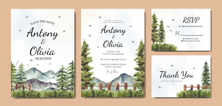 Watercolor wedding invitation set of mountain and pine trees