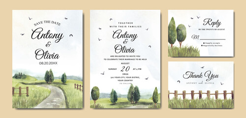 Wedding invitation set of green nature landscape with road and garden fence watercolor