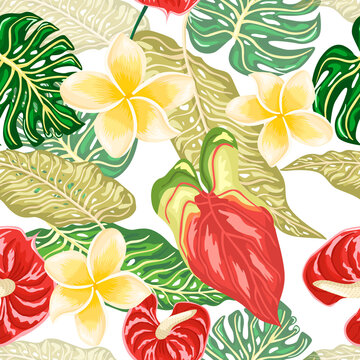 Beautiful hawaiian plumeria flowers and leaves seamless pattern. Creative monstera and banana leaf wallpaper.