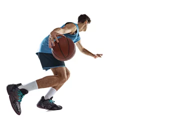 Stof per meter One professional basketball player in blue sports uniform training with ball isolated on white studio background. © master1305