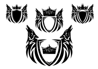 pair of howling wolf heads with heraldic shield and royal crown - medieval style fantasy coat of arms black and white vector silhouette design set