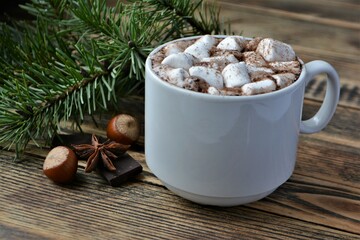 Cup of hot chocolate or cocoa with marshmallows. Cozy winter holidays and Christmas
