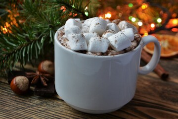 Cup of hot chocolate or cocoa with marshmallows. Cozy winter holidays and Christmas