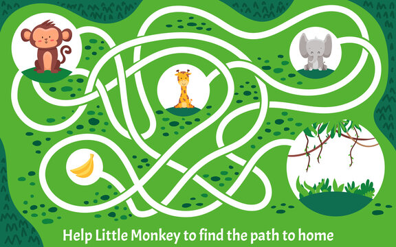 Funny maze for children with cute animals and bright colors. Help the Monkey to find home. Mini games collection. Vector cartoon illustration