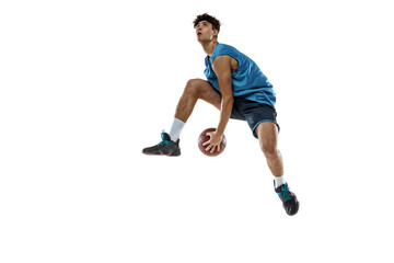 One professional basketball player in blue sports uniform training with ball isolated on white studio background.