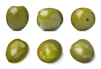 Set with fresh green olives on white background