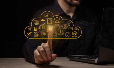 The hand of a businessman chooses a cloud computing. The concept of secure storage of information...