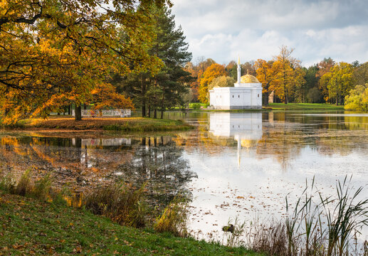 Turkish Bath pavilion reflected in the Great Pond, Catherine Park, Pushkin (Tsarskoye Selo), near St. Petersburg