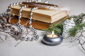 Winter composition for the interior. A candle in a gray candlestick burns brightly. An educational concept with a Christmas theme and trendy winter colors.