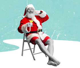 Contemporary art collage of joyful Santa drinking cockail and sitting isolated over frosty, snowy...