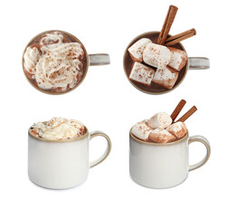 Set with cups of delicious hot chocolate on white background, top view