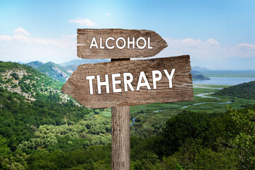 Alcohol addiction: what to choose - therapy or life with bad habit? Wooden signpost with different directions against beautiful mountain landscape