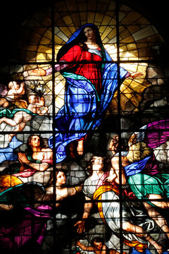 Assumption of Virgin Mary, stained glass window, Milan Cathedral, Milan, Lombardy, Italy