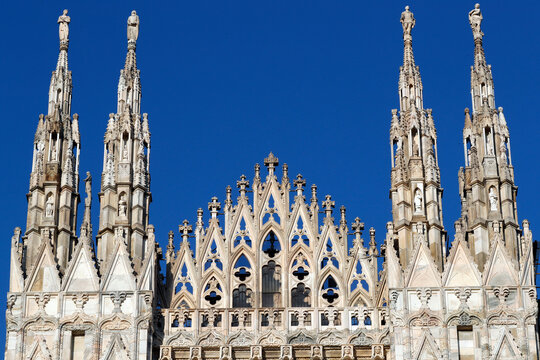 Milan Cathedral. The west facade of the Duomo. The Gothic style cathedral is dedicated to St Mary