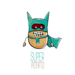 vector funny cartoon cute brown super hero potato with green hero cape and hero mask isolated on white background. My name is potato vector concept. super vegetable food character