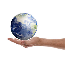 World in our hands. Man holding digital model of Earth on white background, closeup view