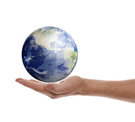 World in our hands. Man holding digital model of Earth on white background, closeup view