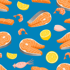 Bright vector seamless pattern with seafood isolated on blue.