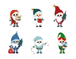 Set of little winter gnomes with long white beard, happy face and holiday items. Character for New Year, Christmas and winter design