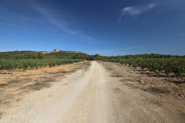 Beautiful view over the Narbonnaise Regional Natural Park on the Mediterranean, massif de la Clape, with a view of the lookout. Photo was taken on a very hot day at the end of summer.