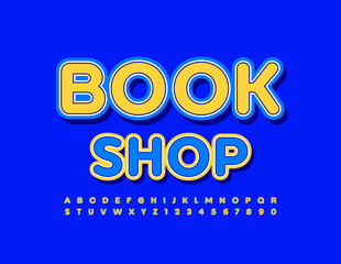 Vector colorful Emblem Book Shop. Modern Bright Font. Artistic Alphabet Letters and Numbers